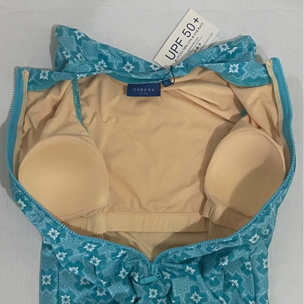 Cabana Life UPF 50 Zip Up Neck One Piece Swimsuit Blue White Floral Women Size M - Picture 6 of 7